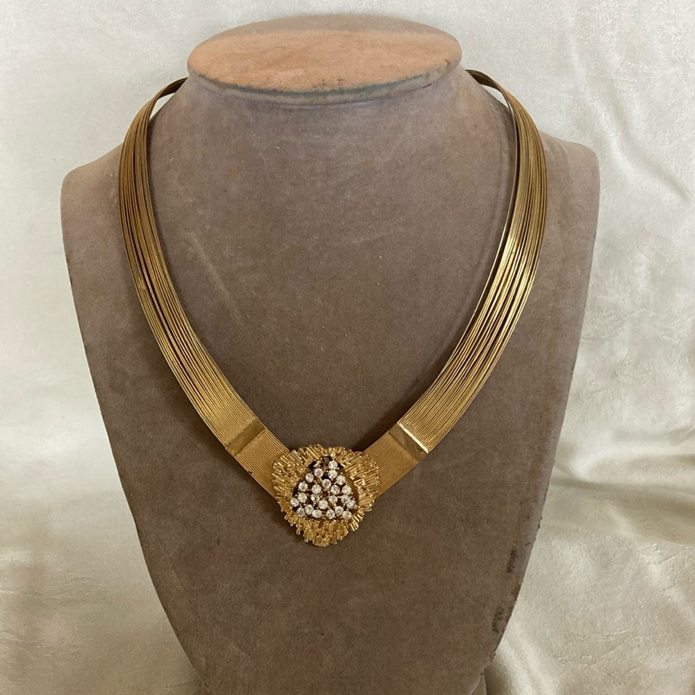 Vintage Gold Tone Multi-Strand Necklace with Crystal Cluster